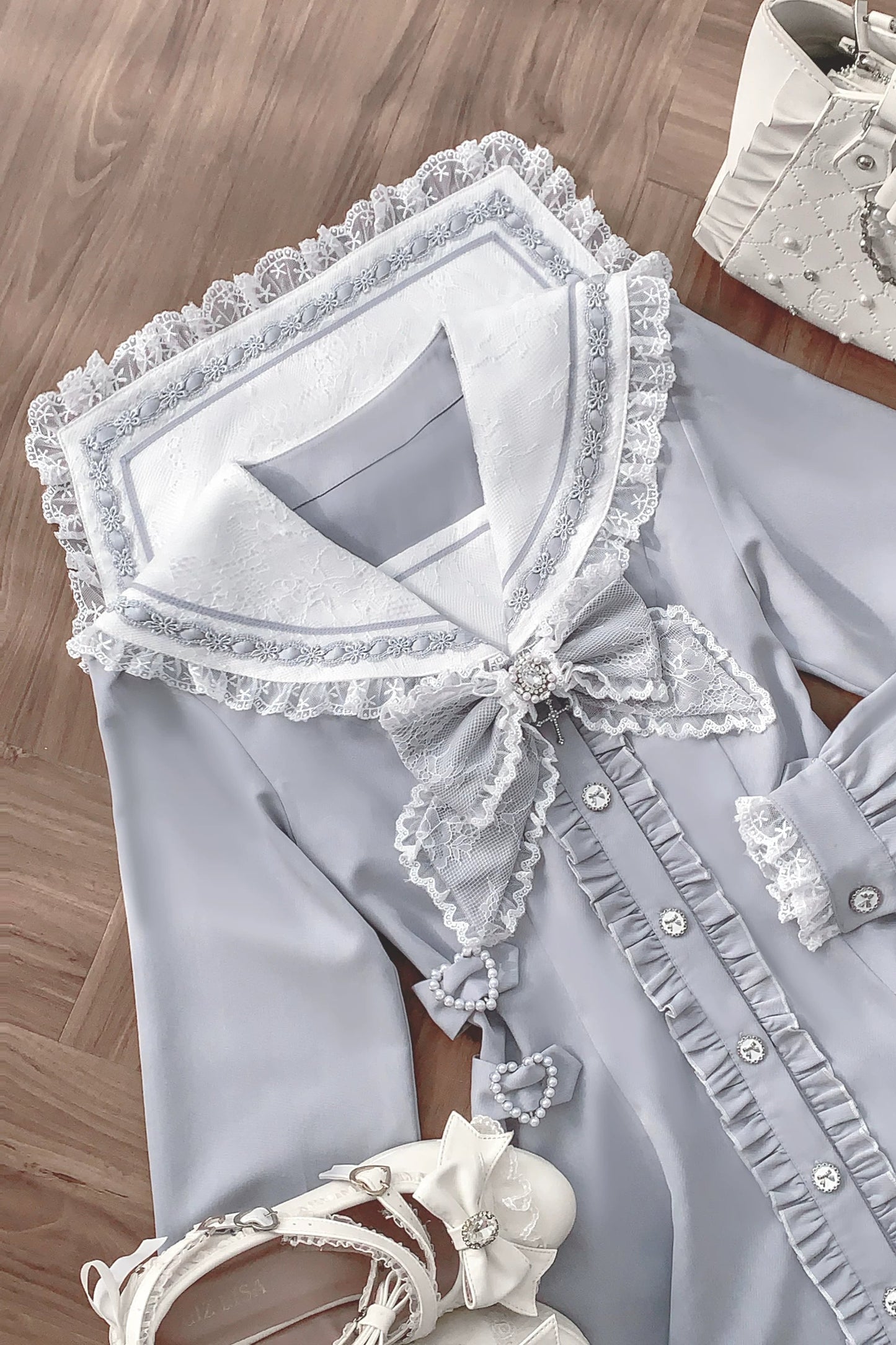 [Pre-order Deadline: September 29] Blue Sailor Collar Frill Lace Trim Dress + Shorts + Cross Charm Jewel Bow Tie Set