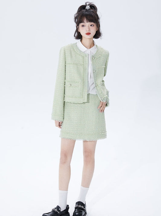 Green Tweed Short Jacket + Tweed Skirt