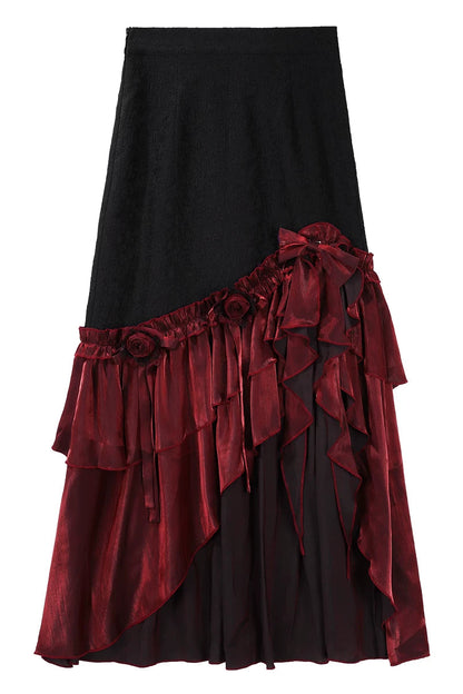 [Pre-order] Red and Black Dark Gothic Lolita Ruffle Slit Long Skirt + Pull-Up Overskirt