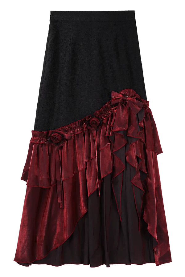 [Pre-order] Red and Black Dark Gothic Lolita Ruffle Slit Long Skirt + Pull-Up Overskirt