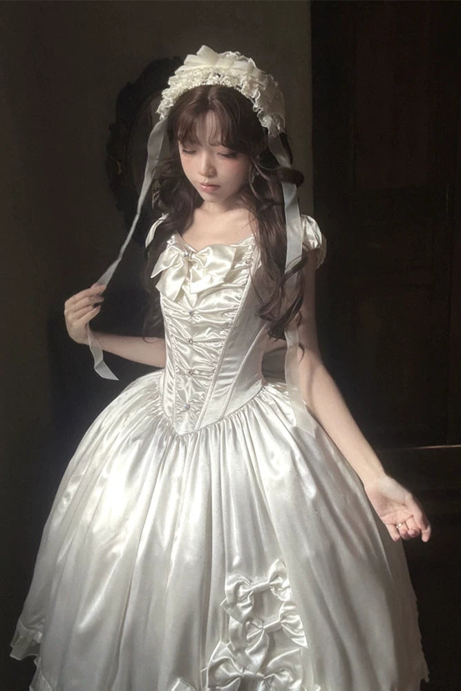 [Pre-order Deadline: August 8] Elegant Silver Satin Lolita Romantic Ribbon Dress Set
