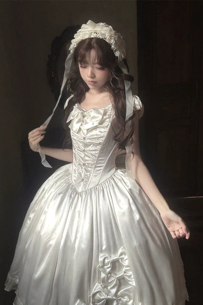 [Pre-order Deadline: August 8] Elegant Silver Satin Lolita Romantic Ribbon Dress Set