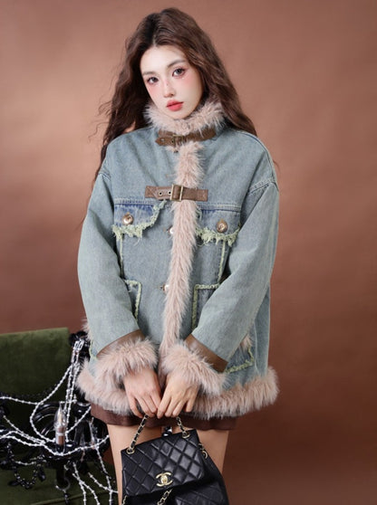 Retro Fur Patchwork Denim Coat