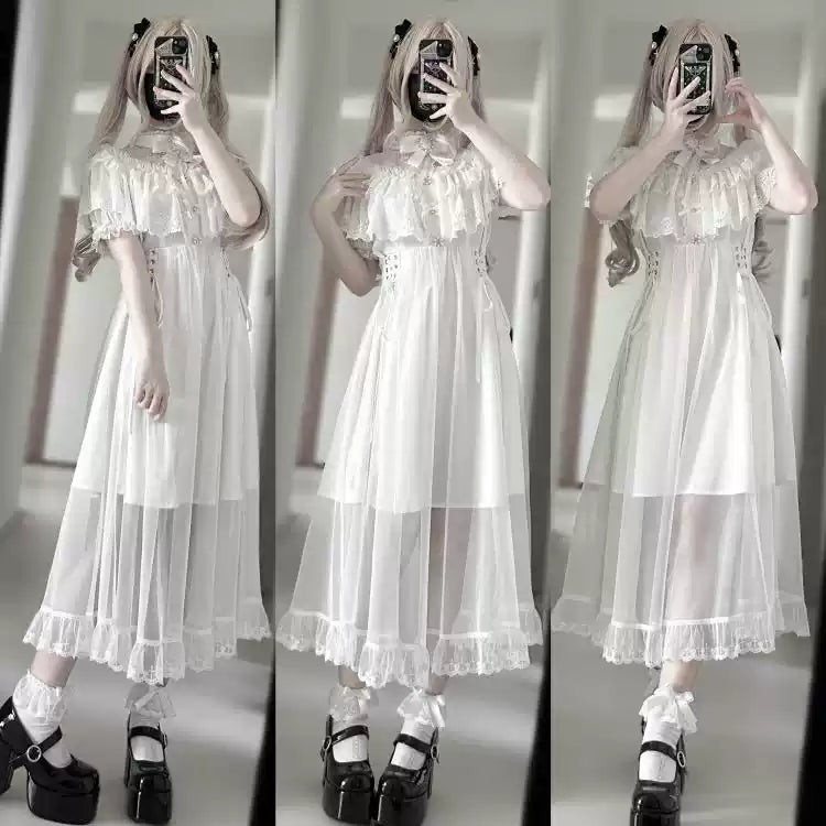 Elegant Lace Cape Long Dress