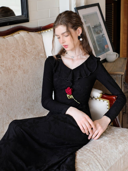 Dark Night Rose Chic Retro Long Dress