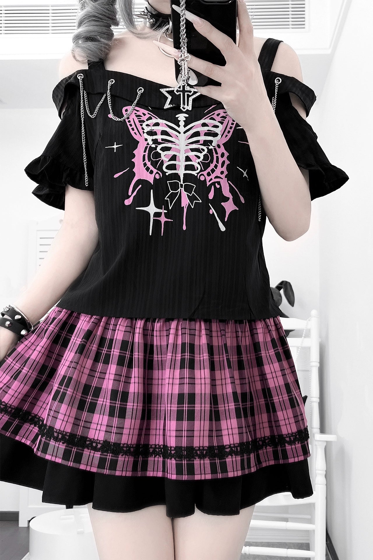 サブカルチャースウィートクールトップス＋チェックスカート