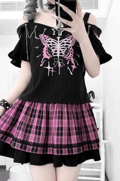 サブカルチャースウィートクールトップス＋チェックスカート