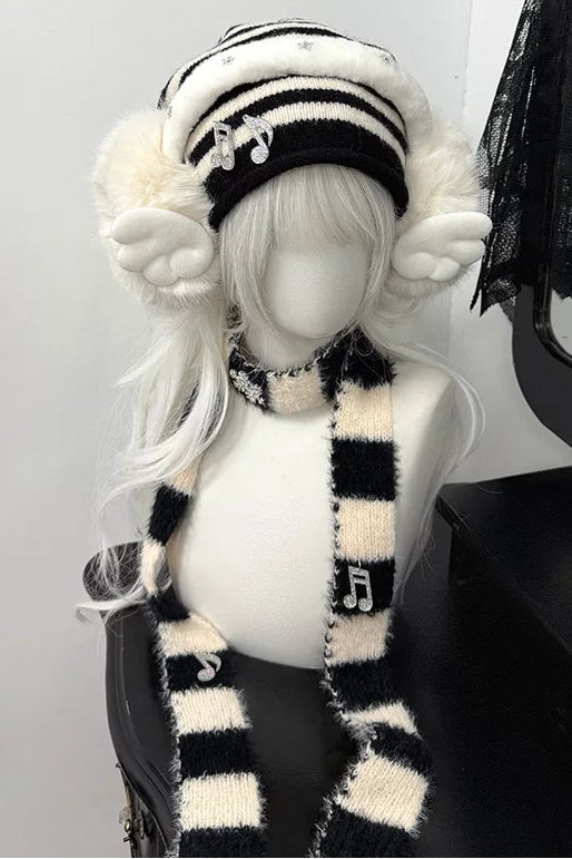 Striped knit hat + ear muffs + scarf