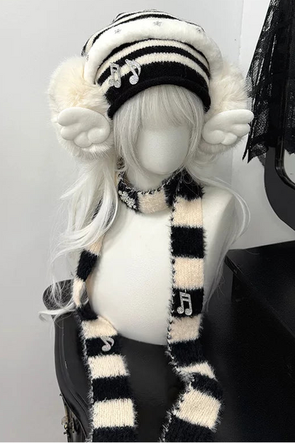 Striped knit hat + ear muffs + scarf