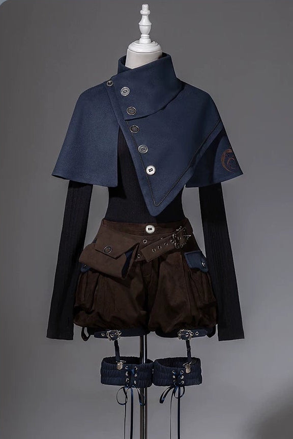 【10月6日予約締切】Dark Navy X Brown Prince Lolita Asymmetrical Cape + Black Knit Top + Leg Ring Shorts + Belt With Pockets + Scarf Ouji Fashion