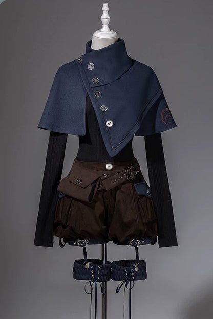 【10月6日予約締切】Dark Navy X Brown Prince Lolita Asymmetrical Cape + Black Knit Top + Leg Ring Shorts + Belt With Pockets + Scarf Ouji Fashion