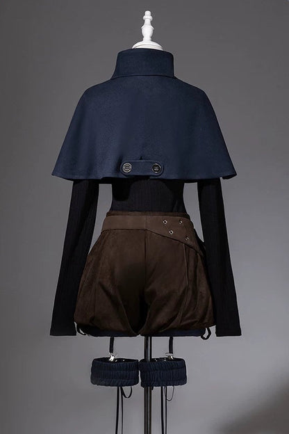 【10月6日予約締切】Dark Navy X Brown Prince Lolita Asymmetrical Cape + Black Knit Top + Leg Ring Shorts + Belt With Pockets + Scarf Ouji Fashion