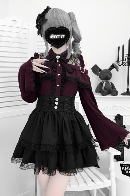 Lace off-the-shoulder shirt + lace-up skirt