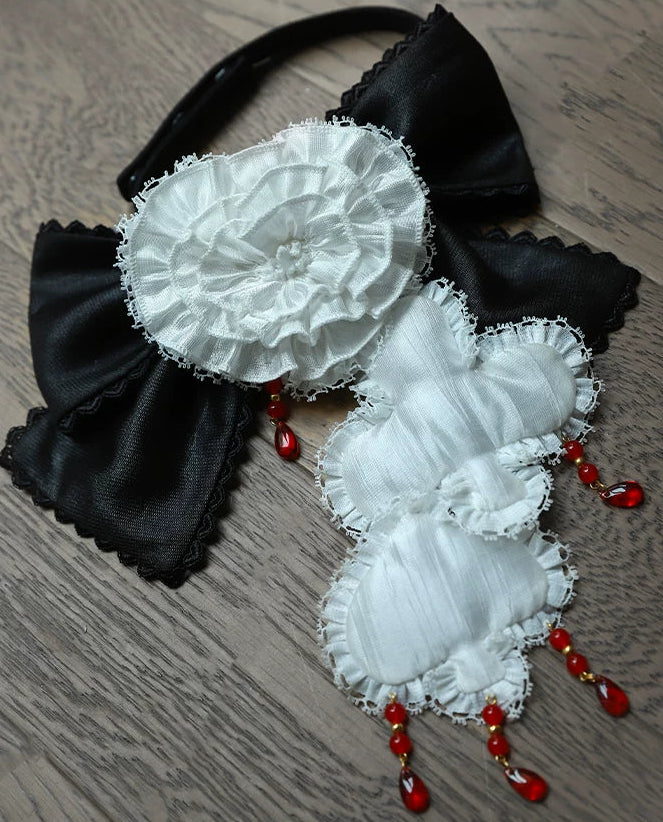 【9月3日予約締切】Gothic Fantasy Red Heart Black Balloon Corset Lolita Ribbon Dress + Ribbon Choker with Playing Card and Bead Motif