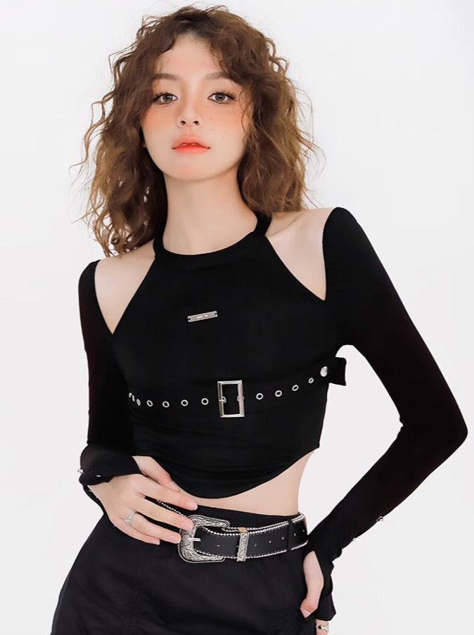 Spicy Hanging Neck Eyelet Belt Design Short Top