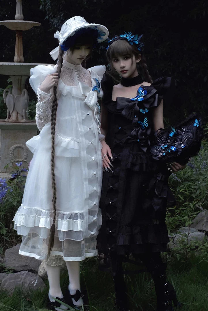 [Vorbestellschluss: 10. Monat, 14. Tag] Schwarz/Weißes Gothic-Lolita-Innentop aus transparenter Spitze mit langen Ärmeln