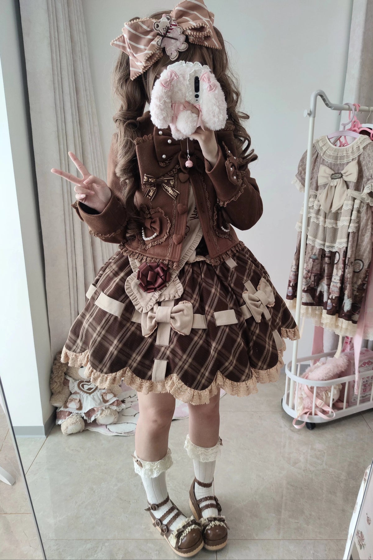 【10月17日予約締切】Brown/Black Sweet Lolita Pearl Bow Lace Short Coat