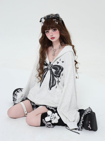 Dark Ribbon Design Loose Hooded Zip Hoodie