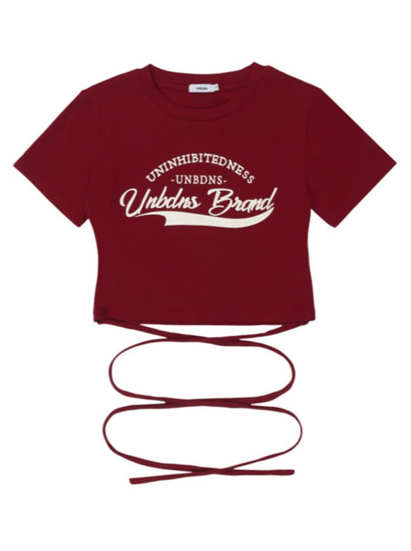 レトロレタープリントストラップデザインTシャツ