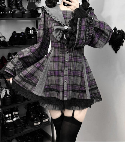 【12月24日予約締切】ゴシックセーラーカラーレースリボンチェックドレスセットアップ