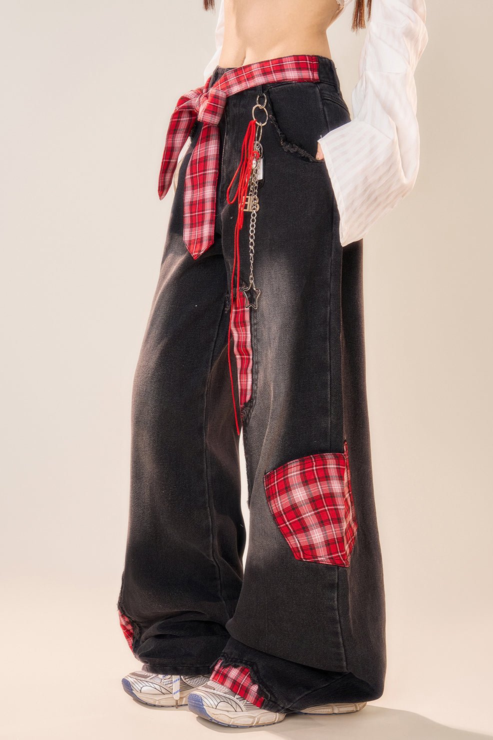 Patchwork check Wide leg jeans