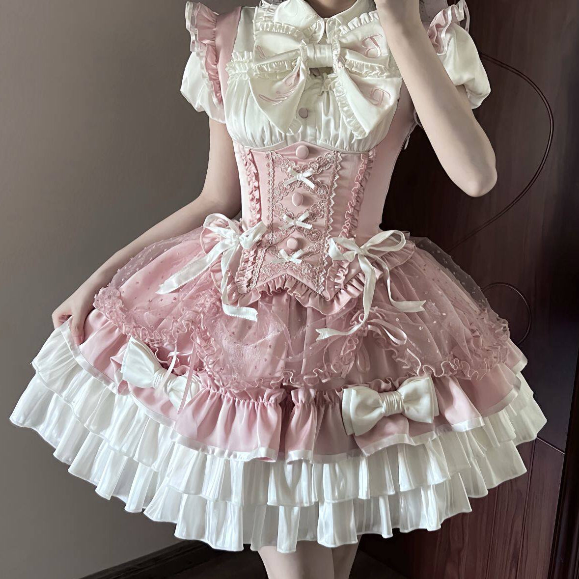 【5月12日予約締切】ピンクホワイトスイートロリータアイドルリボンパフスリーブシャツ＋コルセットチュールプルアップJKSドレスセットアップ