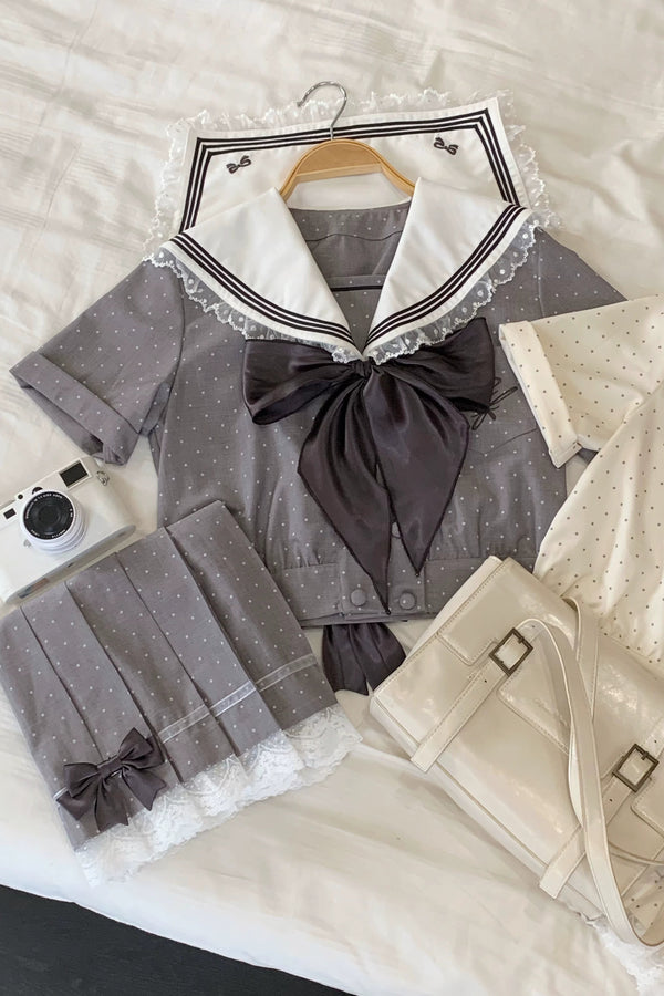 Black Chocolate Polka Dot Sailor Blouse + Skirt