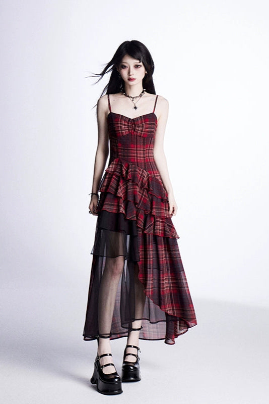 チェックハルタードレス＋シアーカーディガン