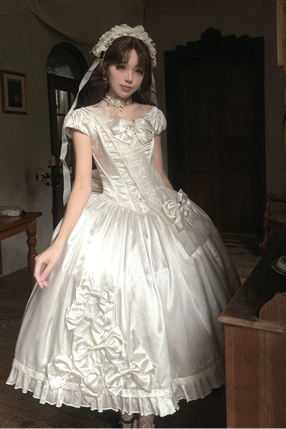 [Pre-order Deadline: August 8] Elegant Silver Satin Lolita Romantic Ribbon Dress Set
