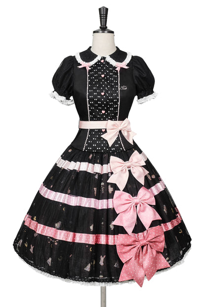 [Reservierungsschluss am 105] Sweet-Lolita-Hemd mit Peter-Pan-Kragen, Polka-Dots und Taillenband + Rock mit dreifacher Schleife + Set