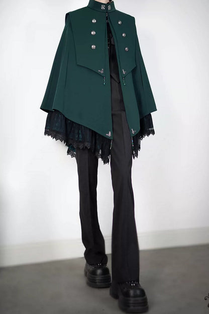 【9月5日予約締切】Dark Red/Dark Green Gothic Chain Layered Lace Cape Coat(Short Length/Long Length)