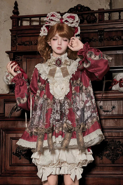 【11月3日予約締切】Antique Bow Burgundy Rabbit Print Frill Doll Dress + Shorts Set