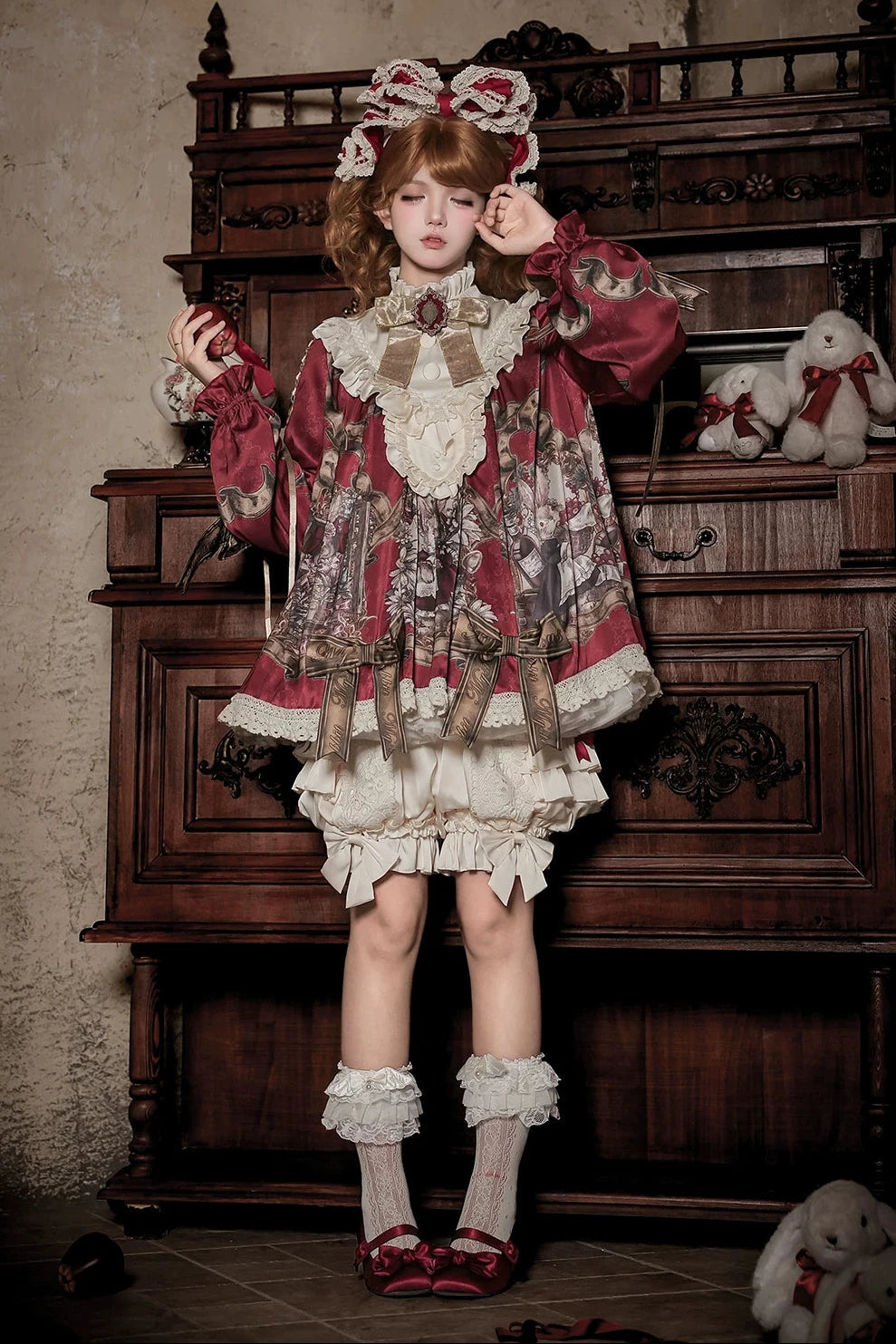 【11月3日予約締切】Antique Bow Burgundy Rabbit Print Frill Doll Dress + Shorts Set