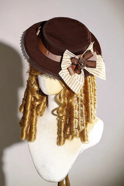 [11/6 Reservation Deadline] Navy Blue/Brown Classic Italian Travel Diary Lolita Series Accessories (Lace Ribbon Mini Hat / Pair of Striped Hair Clips / Brooch / Jabot-Style Bow Tie / Necktie with Metal Brooch / Embroidered Back Ribbon Train)