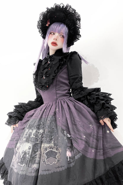 [Reservations] Dark Sleeveless Pleated Print Lapel Lolita Jumperskirt