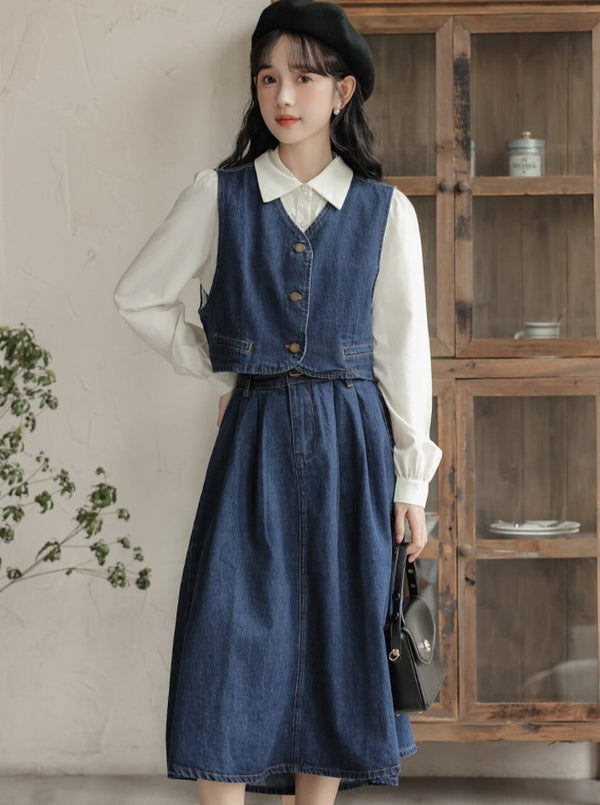 Retro denim vest + skirt + shirt