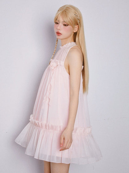 Music Box Peach Pleated Babydoll Sleeveless Dress