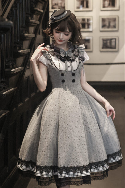 [Pre-order Deadline: May 19] Gray-Black Classic Lolita Top, JSK One-Piece & Bow Tie 3-Piece Ensemble