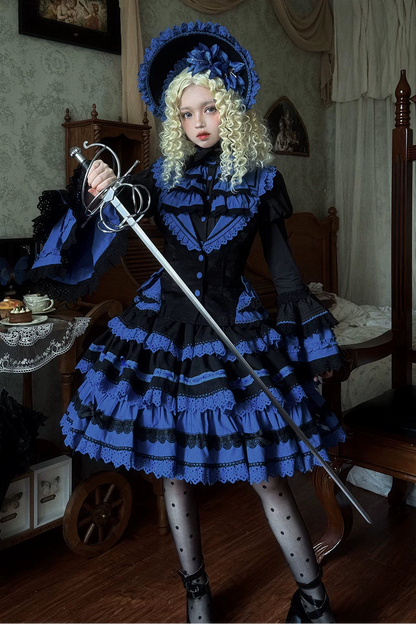 [Vorbestellfrist: 13. Juli] Kleinblaue Gothic-Lolita-Rüschen-Stufenkleid-Komplettset