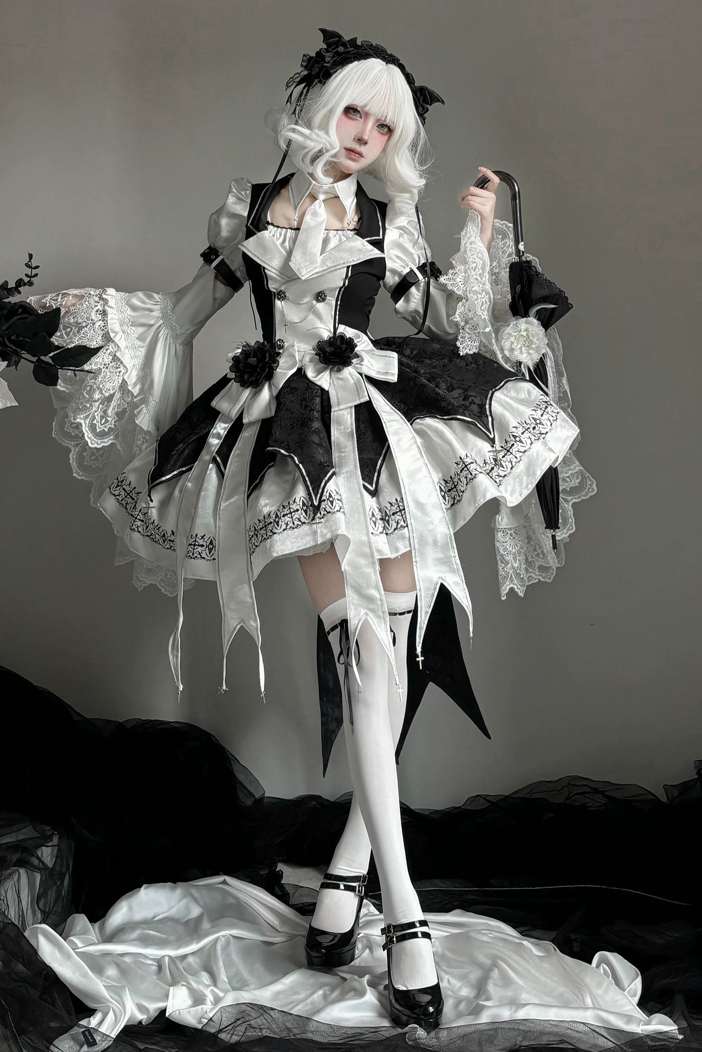 [Pre-order Deadline: April 11] White Black Noir Dark Gothic Lolita Jacket Dress Princess Sleeve Full Set + Matching Set