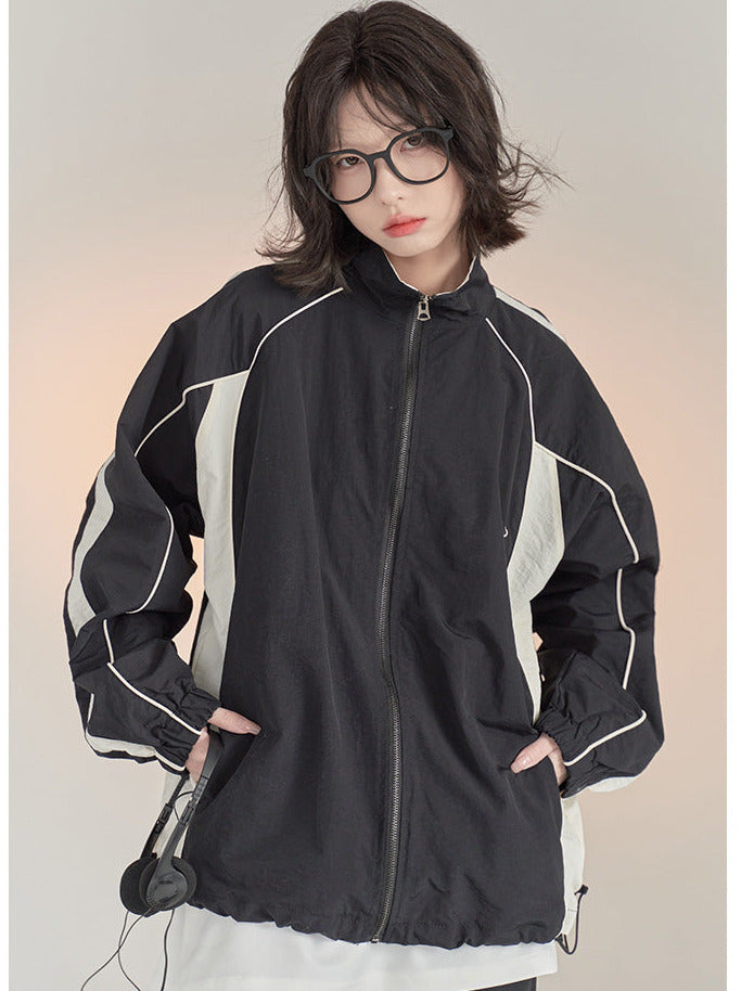 Contrast Color Loose Sport Stand Collar Jacket