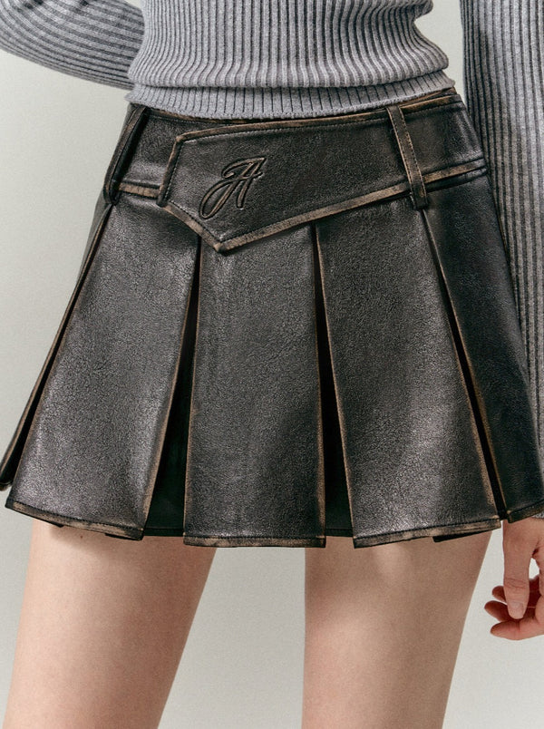 レトロダメージレザーフェイクワイドベルトプリーツスカート