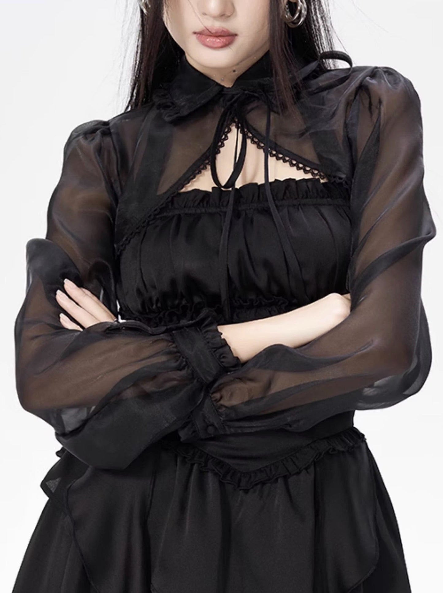 Sheer Lantern Sleeve Black Chiffon Short Jacket