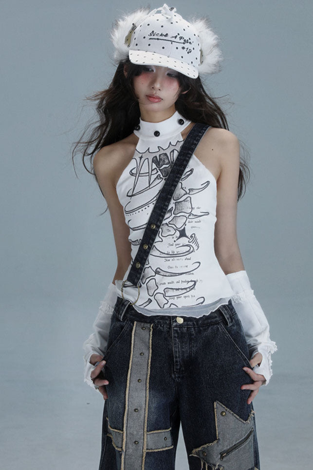 サブカルチャーホルターネックノースリーブトップス