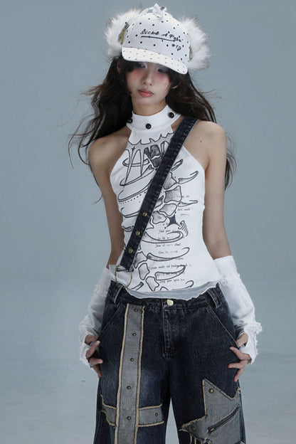 サブカルチャーホルターネックノースリーブトップス