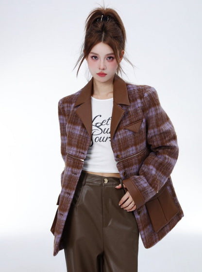 Retro 2wey high end coat wool check coat jacket