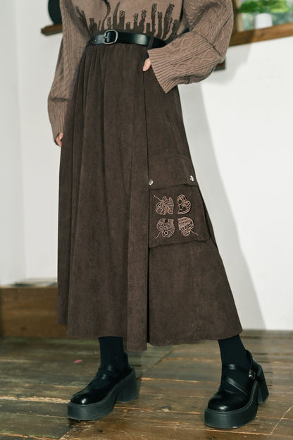 2 new products 81% off "Reincarnation" brown corduroy skirt drape slimming national style embroidered A-line skirt