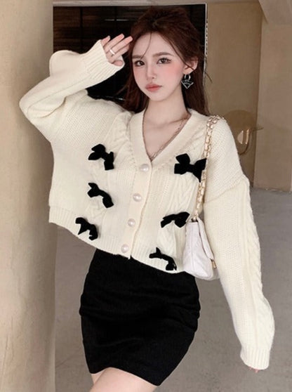 Ribbon Pearl Cable Knit Cardigan