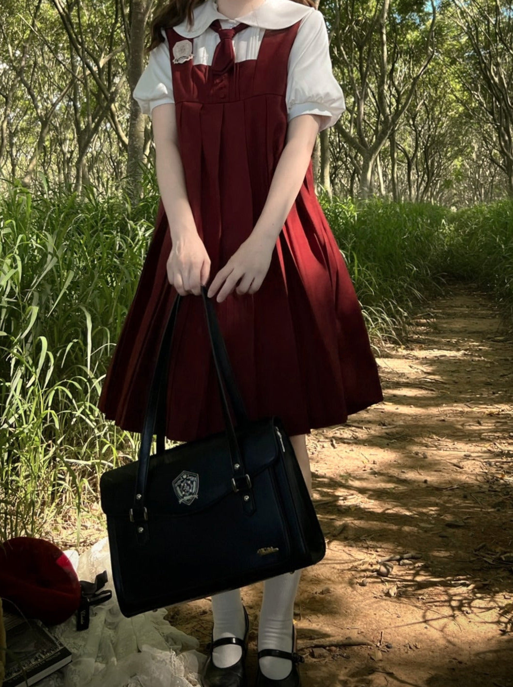 Red burgundy suspender dress + tie + emblem badge