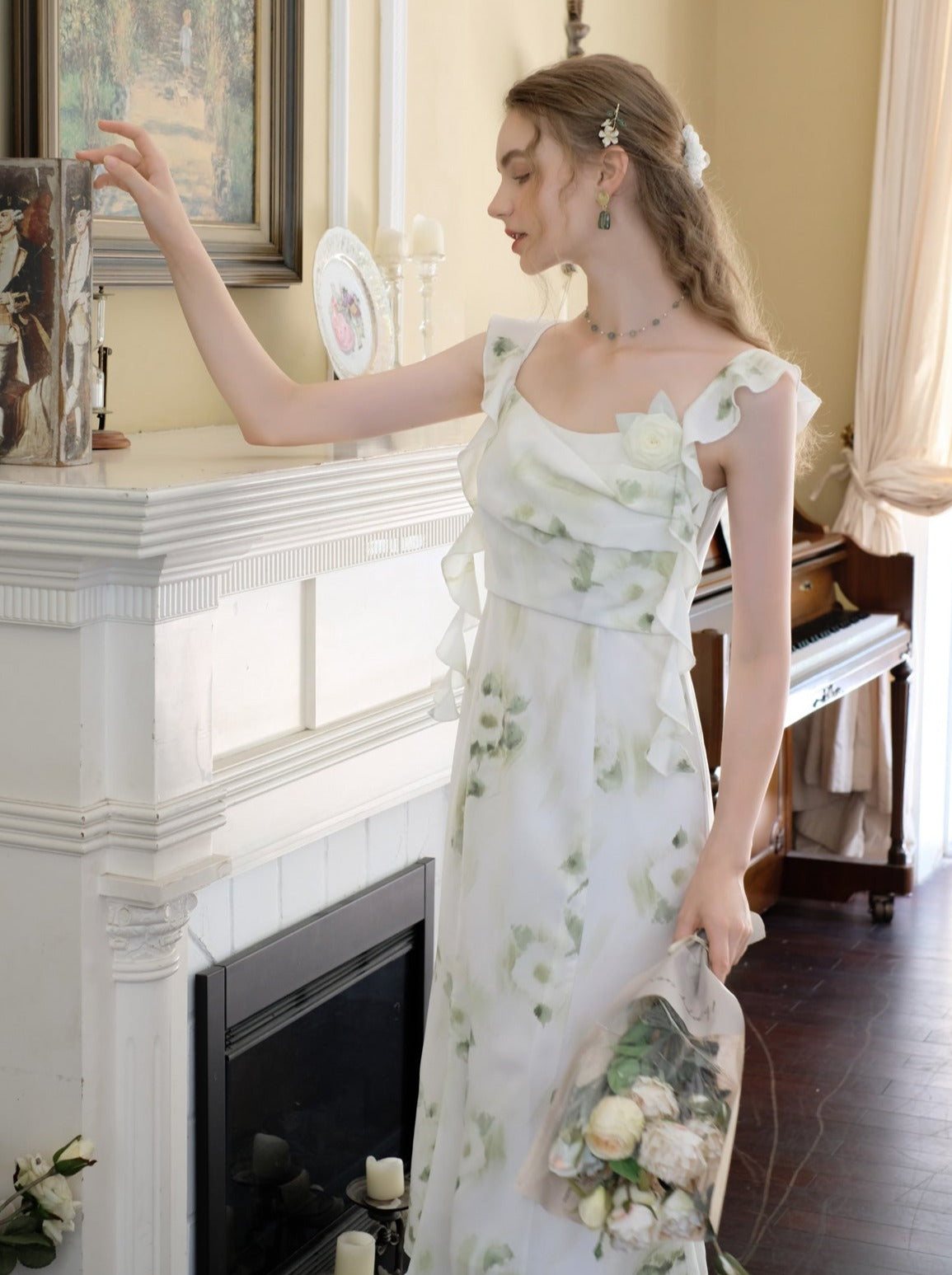 Chiffon Sheer Top + Green Flower Camisole Skirt